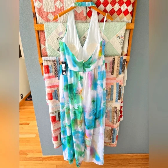 NWT Bebe Blue And Green Floral Chiffon Halter Dress Women's 14 - Picture 4 of 8